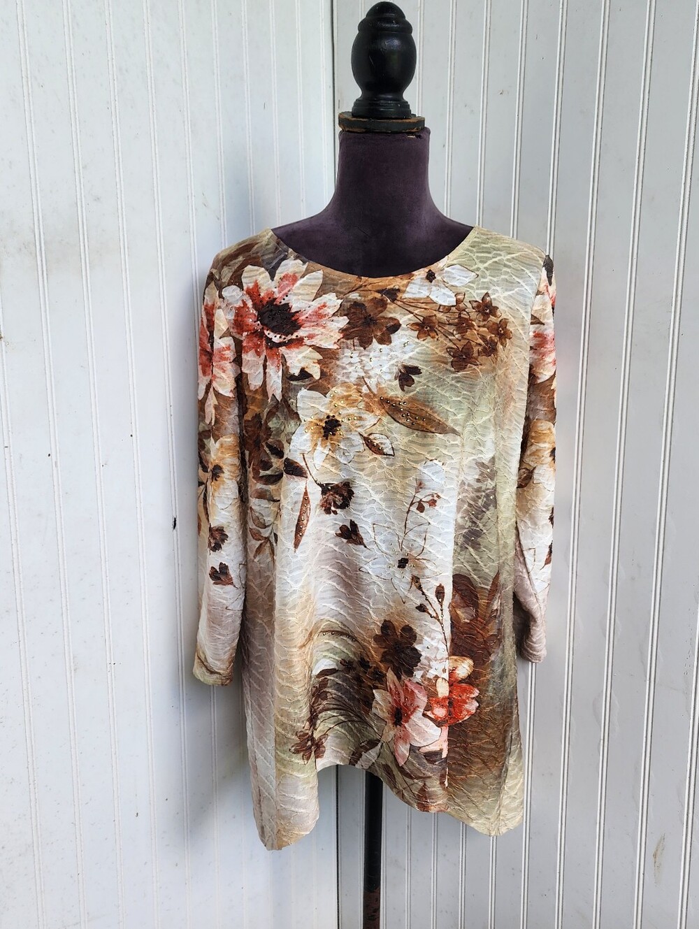 Alfred Dunner Top Stretch Floral Textured Blouse 3/4 Slv Asymmetric Hem Sz M